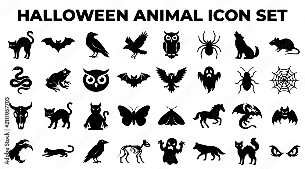 Fototapeta premium Halloween animal icon set. Spooky creature silhouettes for holiday design projects.
