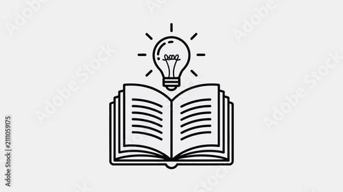 Open book with glowing light bulb line art vector icon representing education creativity knowledge innovation idea generation and learning concept