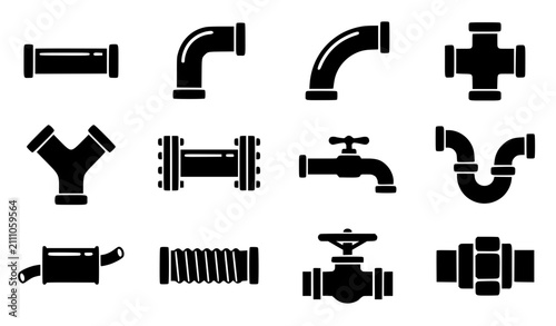 Plumbing and Industrial Pipe Connector Glyph Icon Set Featuring Water Faucet, Valves, Elbows, Flanges, and Drainage Fitting Symbols