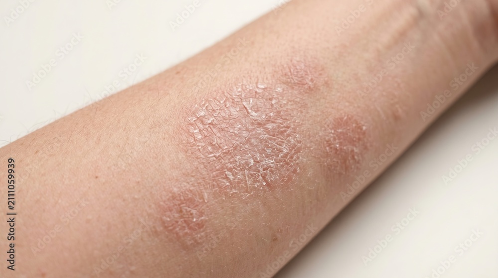 Fototapeta premium Close-up of human arm skin with scaly red patches of plaque psoriasis, chronic autoimmune skin disease concept