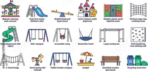 Kids Playground Equipment Vector Icon Set with Linear Outlines Featuring Slides Swings Carousel Monkey Bars and Castle Playhouse Graphic Elements