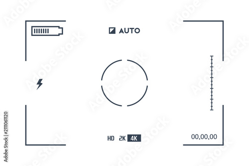 Camera viewfinder interface overlay with focus frame and recording settings