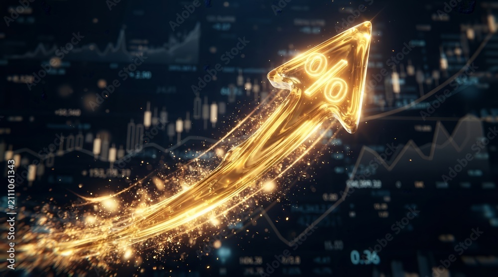 Fototapeta premium A glowing golden arrow featuring a percentage symbol represents inflation and financial growth trends.