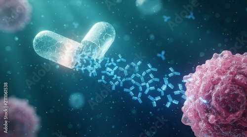 A medical research concept of a capsule releasing antibodies for precision oncology cancer cell treatment.