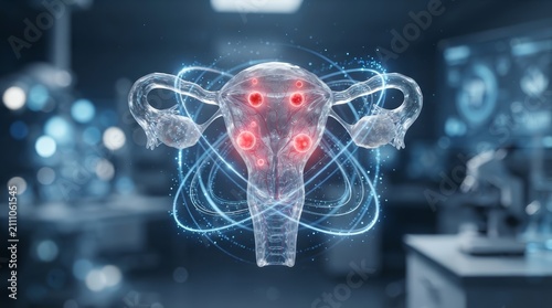 Female anatomy concept showing a uterus with red fibroid indicators and pelvic pain.