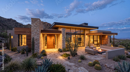 Contemporary desert home exterior at blue hour with drought tolerant landscaping