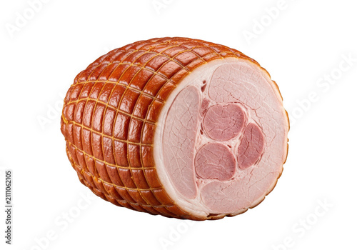 A whole roasted ham with golden scored skin and succulent pink interior cross section on a transparent studio background professional culinary concept