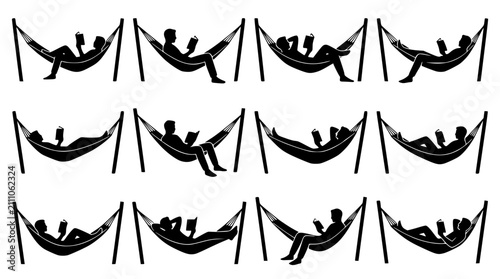 People reading books in hammocks silhouette vector icon set featuring characters relaxing with stands hanging posts lounging and enjoying summer leisure lifestyle