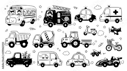 Fotografía Hand drawn cartoon vehicle doodle set for children featuring school bus fire eng