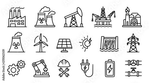 Foto Industrial energy and power generation icon set featuring factory nuclear plant