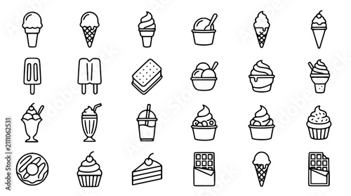 Ice cream and sweet confectionery icon set featuring waffle cones popsicles sandwich bars milkshakes cupcakes cake slices donuts and chocolate line icons vector illustration