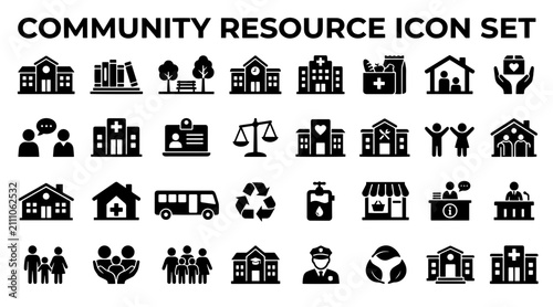 Fotografie A comprehensive collection of black vector icons representing community resources, social services, and public facilities