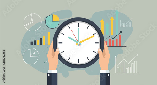 Hands holding a clock with overlaid financial charts and graphs, showcasing time management, concept for business planning, time optimization and project timelines.