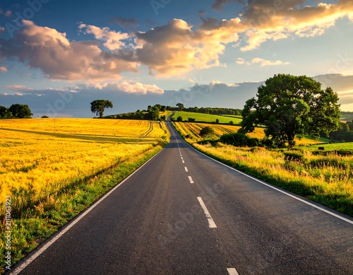 An asphalt road extends through a landscape of golden fields & rolling hills bathed in warm sunlight under a cloudy sky