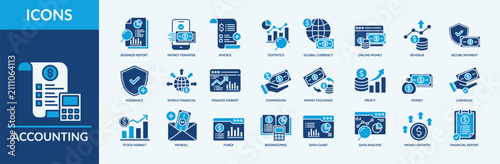 Accounting icon set. Thin flat blue Set contains such Icons as profit, invoice, payroll and more. Simple web icons set