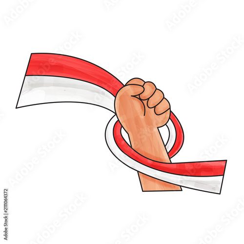 Indonesia Raised Fist with Ribbon Flag Illustration