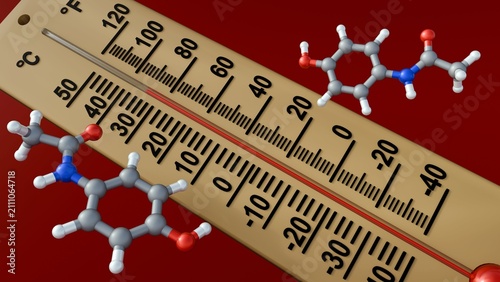 фотографія A 3D rendering of paracetamol or acetaminophen molecules and a wooden analog thermometer