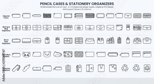 Obraz na plátně Set of 65 minimalist flat line art vector icons of pencil cases and stationery o