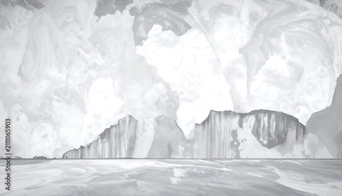 An abstract, panoramic landscape with layered, fluid textures in shades of white and gray, evoking ice formations and a reflective surface