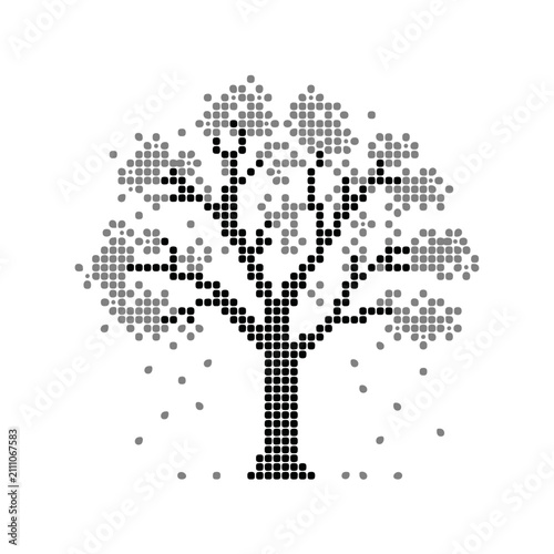 Abstract tree made of dots and pixels on white background.