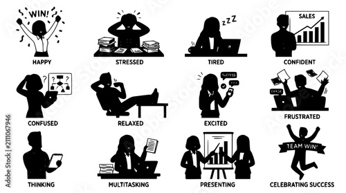 Business Office Employee Workplace Moods and Emotions Silhouette Icon Set for Corporate Training Productivity Coaching Professional HR Management and Vector Graphic Designs