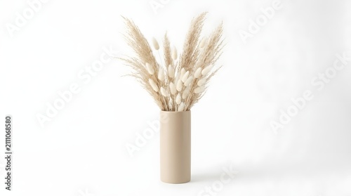 Beautiful dried pampas grass and fluffy rabbit tail flowers in a simple ceramic vase for minimalist home decor