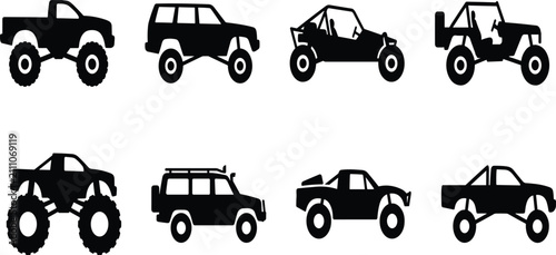 Obraz na płótnie Offroad Vehicle Silhouette Set Collection Monster Truck Dune Buggy Safari SUV 4x