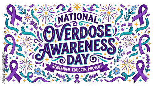 National Overdose Awareness Day design. Purple ribbon graphic for substance abuse support.