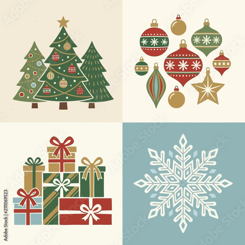 Festive Christmas holiday illustration and icon set.