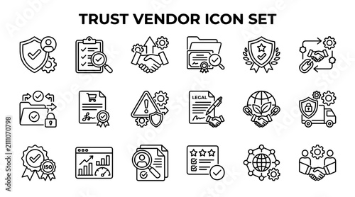 Trust and vendor compliance icons. Business partnership and verification line art symbols.