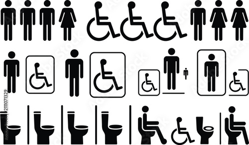 Collection of black silhouette featuring male and female figures, wheelchair accessibility symbols, and various toilet and restroom signage
