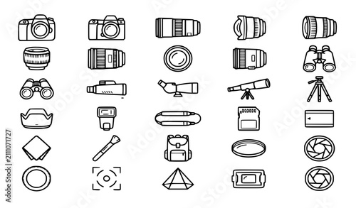 Obraz na płótnie Premium camera, photography, lens, equipment and accessories line icons set