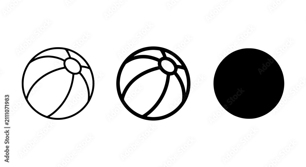 Fototapeta premium Beach Ball Icons: Outline, Filled, Solid Black Vector Graphics for Summer Fun and Play