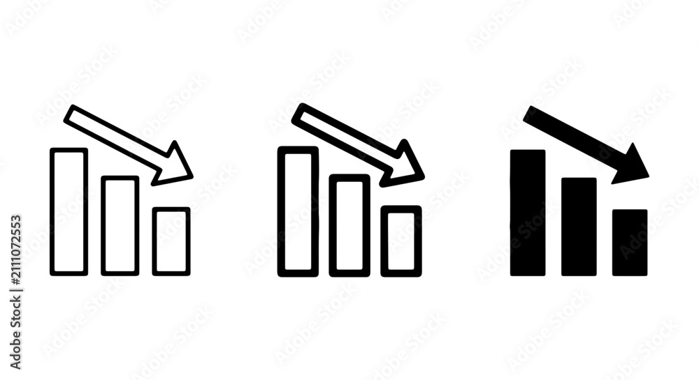Fototapeta premium Falling Bar Chart Icons, Downward Trend Graph Symbols, Decline Data Visualization Icons