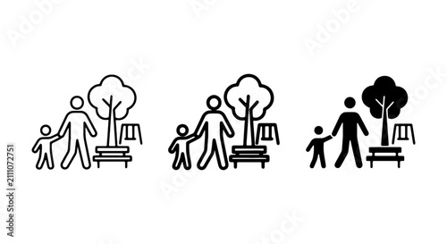 Bild auf Leinwand Family Park Icons, Parent and Child Walking, Outdoor Recreation, Simple Black an
