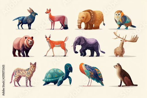 Stylized wildlife illustrations with decorative patterns and textures