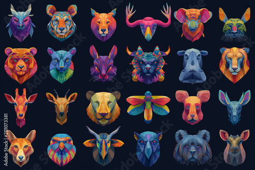 Geometric low poly animal head portraits on dark background