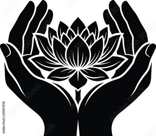 Black and white silhouette vector illustration of hands holding a sacred lotus flower