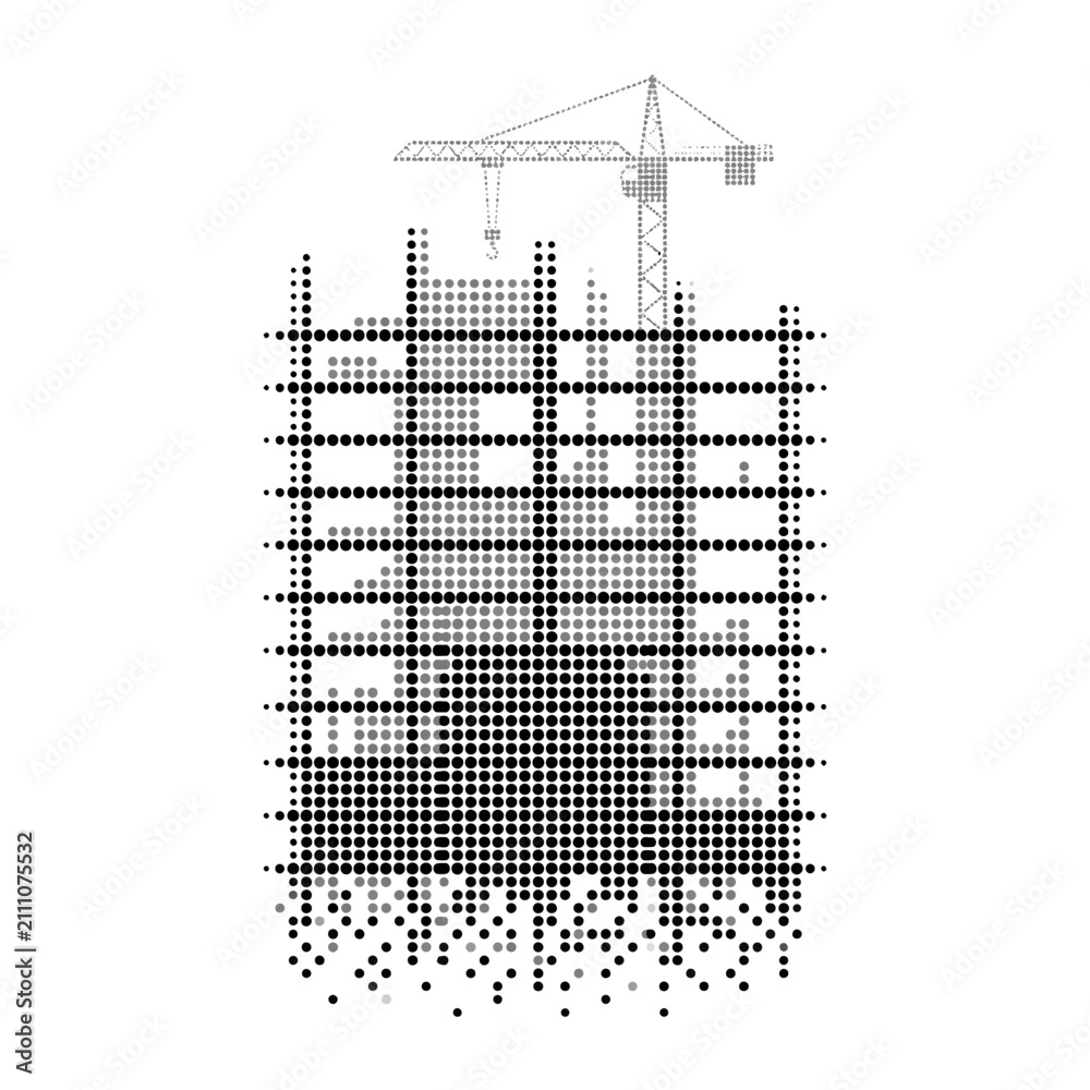 Fototapeta premium Building construction site with crane and pixelated structure.
