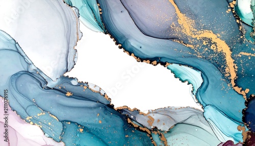 An artistic fluid design with swirled teal, blue, purple, and gold hues surrounding an empty white space
