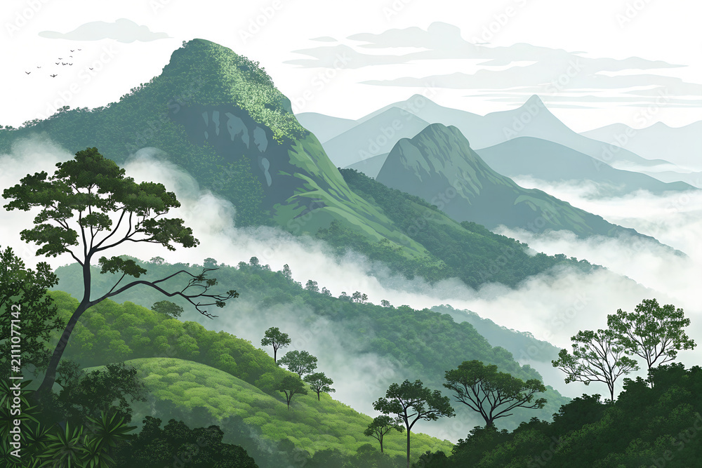 Obraz premium Western Ghats mountain landscape with mist, premium vector illustration