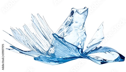 An abstract sculpture of ice, shards, and flowing water, captured with high-speed photography against a clean white backdrop