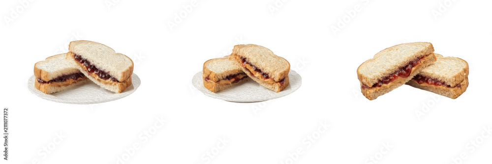 Fototapeta premium Peanut Butter and Jelly Sandwich PNG Isolated Set on White Background, Classic PB and J Halves on White Plate for School Lunch, Kid Snacks, American Food Concepts, and Graphic Design Assets