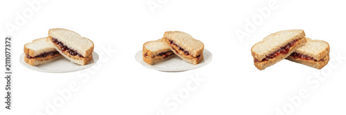Peanut Butter and Jelly Sandwich PNG Isolated Set on White Background, Classic PB and J Halves on White Plate for School Lunch, Kid Snacks, American Food Concepts, and Graphic Design Assets
