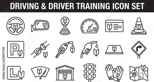 Driving and driver training icon set featuring automotive symbols in a clean black and white line style