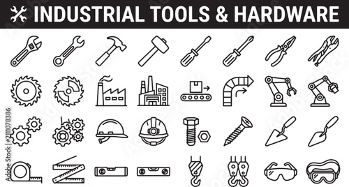 Industrial tools and hardware line icons set featuring construction equipment manufacturing machinery and safety gear vector illustration
