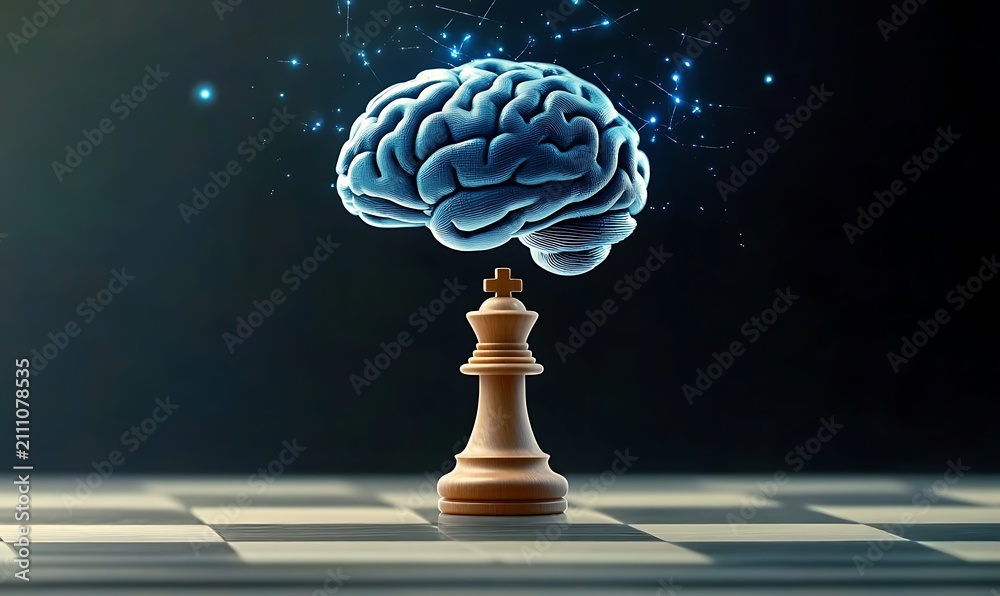 Fototapeta premium Symbolic representation of intellect and strategy, brain above chess king.