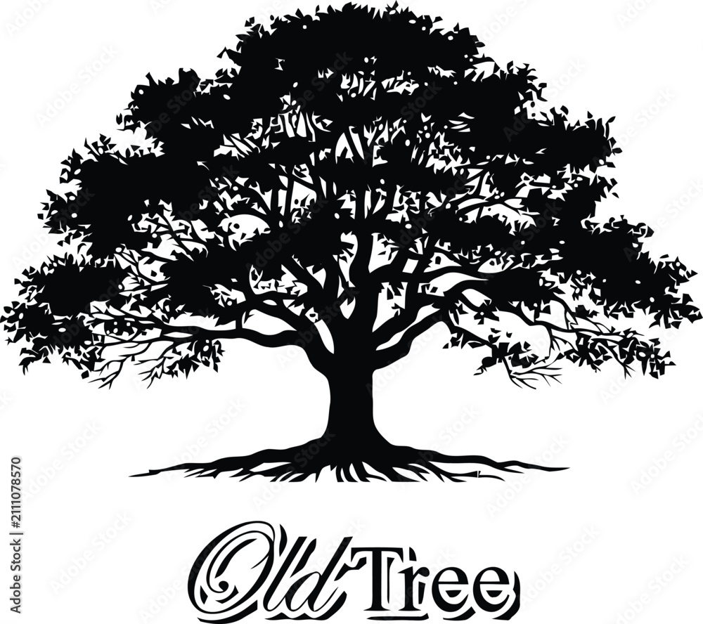 Fototapeta premium Black silhouette of a large ancient tree with exposed roots and decorative text black and white