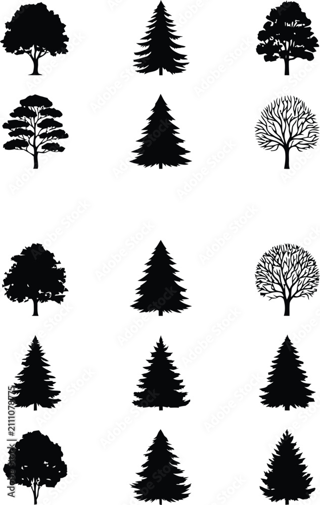 Fototapeta premium Collection of black tree silhouettes deciduous and coniferous varieties white nature