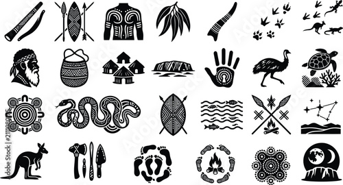Foto Australian aboriginal culture icon set, native Australia symbols kangaroo boomer